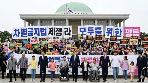 국회 앞에서 차별금지법 제정을 촉구하는 시민들의 집회 모습